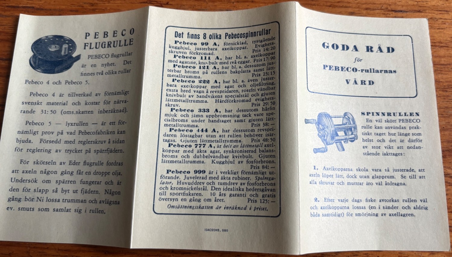 Original PEBECO-broschyr från 1943 med samtliga spinnrullar och priser